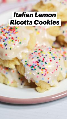 italian lemon ricotta cookies with sprinkles on a white and pink plate