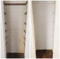 before and after pictures of an empty closet with wood flooring in the bottom half