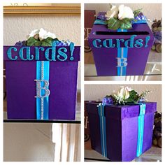 the purple box is decorated with flowers and ribbons