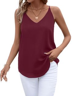 PRICES MAY VARY. VERSATILE AND ELEGANT CAMI: Evera B silky strappy V neck tank top camisole for women w/opacity liner, soft silky luxury feel chiffon, loose fit, spaghetti straps, flowy shirt tail hem. With adjustable spaghetti straps, you can extend for a deep V sexy shirt or shorten for a more professional look at work . PERFECT SHIRT FOR ANY OCCASION: Casual, office, business, work, concert, date night, party or a formal event- these camisole shirts are the perfect choice for any outfit and s Blouses Sleeveless, Blazer Cardigan, Chiffon Tank Tops, Dressy Shirts, Flowy Shirt, Spaghetti Strap Tank Top, Blouse Sleeveless, Business Work, Cute Tank Tops