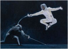 a painting of a person jumping in the air while another person holds on to their hand