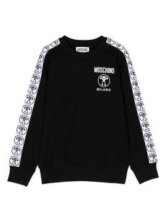 black/white cotton jersey texture knitted panels signature Double Question Mark logo logo print at the chest crew neck long sleeves ribbed cuffs and hem Question Mark Logo, Teen Hoodies, Moschino Question Mark Coat, Moschino Clothes, Moschino Jacket, Moschino Crop Top, Moschino Kids, Question Mark, Textured Knit