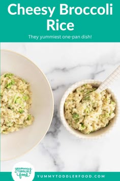 broccoli rice in a white bowl next to a spoon on a marble counter