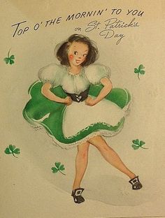 a st patrick's day card with a girl in a green dress