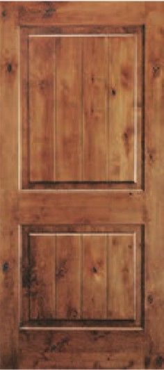 a wooden door with two panels on the side and one panel in the top half