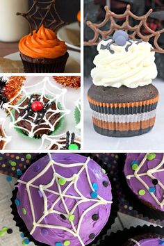 halloween cupcakes with spider web decorations on them