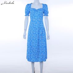 Blue Retro Dresses Women Casual Floral Print Square Collar Dresses Ruffles Puff Sleeve Midi Dresses L0030 Vintage Party Dress, France Style, Midi Dress Chic, Vintage Party Dresses, Eliza Dress, Printed Summer Dresses, Summer Fashion Dresses, Summer Vintage, Vintage Party