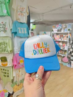 Dilly Dallier Trucker Hat - Hat Customizable Summer Trucker Hat, Handmade Fun Trucker Hat, Hand Painted Hats, Painted Trucker Hats, Fun Trucker Hat For Beach Season, Personalized Fun Summer Trucker Hat, Fun Summer 5-panel Trucker Hat, Hand Painted Trucker Hats, Painted Hats