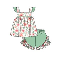 Fabric : Milk Silk pre-order,no moq this is my facebook group , you can contact me therethis is my link :https://www.facebook.com/groups/586525281708735/?ref=share Green Floral Print Summer Set, Cute Green Sets For Spring, Cute Green Spring Sets, Green Ruffled Shorts For Summer, Floral Outfit Summer, Woman Costumes, Toddler Girl Outfits Summer, Wholesale Boutique Clothing, Pajama Outfit