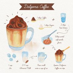 the ingredients for a coffee drink are shown in this watercolor painting style illustration, including cinnamon and whipped cream