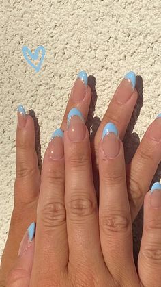 Cute Cheap Nail Ideas, French Tip Nails Two Color, Blue Almond Short Nails, Cute Nail Designs Medium Length, Simple Blue Gel Nails, Cute Simple Gel Nail Designs, Nail Ideas Teenage Girl, Beachy Nail Inspo Almond, Light Blue French Tip Nail Designs