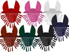 six different colors of head coverings with black, red, green and white lace