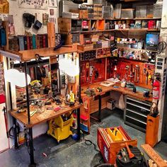 a workbench filled with lots of tools and supplies