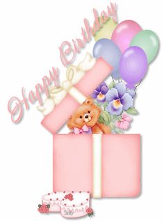 a birthday card with a teddy bear in a gift box and balloons on the side