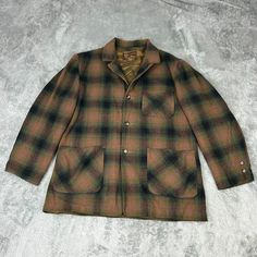 Vintage Merrill Woolens Jacket Mens Large Brown Plaid Wool Chore Coat 50s 60s No Rips Or Stains, One Pinhole On Back Lower. Care/Size Tag Has Been Removed. Shipping: I Ship Same Day M-F, And Almost Every Saturday. Returns: I Accept Free Returns In The Same Condition As They Were Sent Out For 60 Days. Trust: I've Have Been Selling For 3 Years And Have A Terrific Feedback Record Because I Make My Customers Happy. Compare The Measurements To Your Favorite Garment To Make Sure You’re Getting Your Desired Fit! All Clothes Have Been Laundered As Per Platform Standards. Retro Outerwear With Lapel Collar And Welt Pockets, Vintage Collared Blazer For Winter, Retro Collared Formal Outerwear, Retro Collared Outerwear For Formal Occasions, Vintage Notch Lapel Outerwear With Buttons, Vintage Outerwear With Lapel Collar And Welt Pockets, Vintage Wool Sport Coat With Lapel Collar, Vintage Outerwear With Notch Lapel Buttons, Vintage Single Breasted Collared Blazer