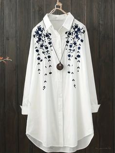 Lasaky - Womens Casual Long Sleeve Polo Collar Top with Floral Pattern - Long Length Spring & Fall Fashion Long White Shirt, Womens Blouses Summer, Print Shirts Women, Blouse Casual Fashion, Korean Fashion Summer, Straight Clothes, Tunic Tops Casual, Casual Shirt Women, Women Tunic Tops