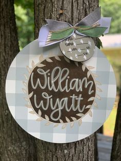 a sign hanging on the side of a tree that says william wyggt