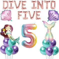 the number five is made up of balloons and mermaids