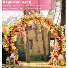 an outdoor wedding arch decorated with flowers and candles in front of a house stock photos