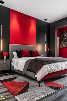 Bold Red &Amp; Black Modern Bedroom With Accent Wall Black Modern Bedroom, Black And Grey Bedroom, Red Bedroom Decor, Modern Bedroom Ideas, Cozy Bedroom Design, White Bedroom Design, White Bedroom Decor, Unique Bedroom, Sophisticated Bedroom