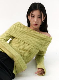 Off-Shoulder Rib Sweater IO320 Rib Sweater, Sweater Outfit, Off Shoulder Sweater, Green Sweater, Green Light, Ribbed Sweater, Kawaii Fashion, Shoulder Sweater, Pink Brown