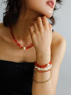 Note：Each natural stone possesses its own distinct color and texture, which may result in subtle variations. Product Details:Material: natural red agate + baroque pearl + S925 silver plated with 18K goldSize: The length of the necklace is 42+2cm,The length of the bracelet is 17cm+2cmWeight: 22gProduct Description:IWith its crystal-clear and flawless nature, pure natural red agate shines a spotlight on the noble temperament of women. Its gentle and luxurious presence adds a touch of refinement to Luxury Red Bracelets With Natural Stones, Elegant Red Agate Beaded Bracelets, Elegant Red Agate Bracelets, Elegant Agate Beaded Bracelets For Gift, Elegant Agate Bracelet, Elegant Pearl Beaded Bracelets With Natural Stones, Elegant Agate Bangle Bracelet, Elegant Pearl Bracelets With Natural Stones, Elegant Gemstone Beaded Bracelets