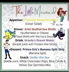 the little mermaid menu is shown with different types of food