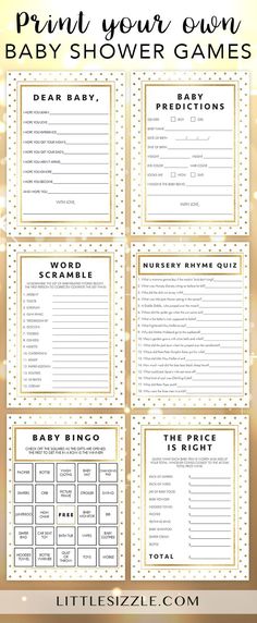 a baby shower game with the words, print your own baby shower games