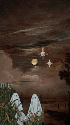 two white ghost standing in front of a dark sky with stars and the moon above them