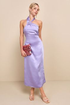 Lavender Satin Dress - Midi Slip Dress - Halter Midi Dress - Lulus Purple Satin Halter Neck Dress, Chic Purple Halter Neck Dress, Purple Halter Neck Midi Dress For Spring, Purple Satin Midi Dress For Cocktail, Spring Purple Halter Neck Midi Dress, Purple Midi Dress For Prom, Purple Satin Midi Dress For Summer, Lavender Midi Party Dress, Chic Purple Halter Neck Midi Dress