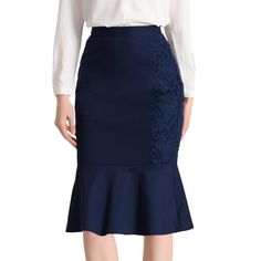 This special fishtail midi skirt with the elegant side lace design, which can perfectly highlight your curves in this body hugging, concealed side zipper pencil skirt. Floral lace and flare ruffled hem add feminine and elegant feel. A fishtail pencil skirt gets a little frilly at the hem for a classy and elegant finish. An impeccably tailored mermaid skirt is fashioned from cotton blend fabric and floral lace trim. The lace panel by the side make this skirt a unique and fashion piece for work an Elegant Fishtail Bottoms Fitted, Elegant Bottoms With Lined Skirt And Mermaid Hem, Elegant Fitted Blue Skirt, Elegant Mermaid Hem Skirt For Spring, Elegant Fishtail Lined Skirt, Elegant Fitted Skirt With Mermaid Hem, Elegant Fitted Skirt With Scalloped Lace, Elegant Navy Midi Skirt, Elegant Knee-length Skirt With Lace Trim