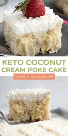 two pictures showing different types of desserts with the words keto coconut cream poke cake