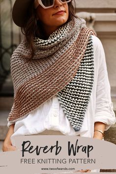 a woman wearing a hat and scarf with the text free knitting pattern for revert wrap