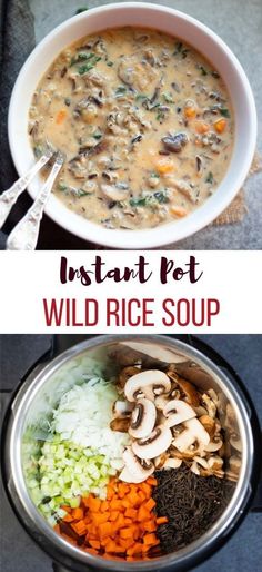 instant pot wild rice soup with mushrooms, carrots and celery in it