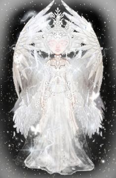 an angel with white wings standing in front of a black and white background, surrounded by snowflakes