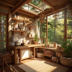 a room filled with lots of wooden shelves next to a window covered in plants and potted plants