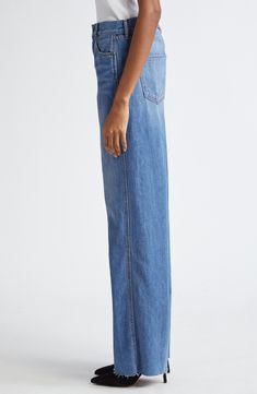 A high waist counterbalances the wide-leg silhouette of nonstretch jeans crafted in the USA with plenty of pockets and raw, frayed hems. 32 1/2" inseam; 22" leg opening; 13" front rise; 14 1/2" back rise (size 29) Zip fly with button closure Five-pocket style 100% cotton Machine wash, line dry Made in the USA Jean Crafts, Veronica Beard, Wide Leg Jeans, Wide Leg, Nordstrom, High Waisted