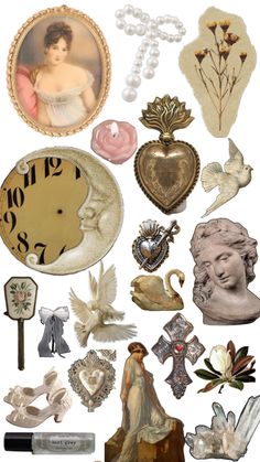 an assortment of decorative items are arranged in the shape of a heart and doves