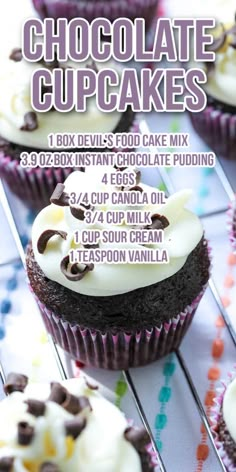 chocolate cupcakes with white frosting and chocolate chips