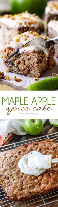 a close up of a piece of cake on a cooling rack with an apple in the background