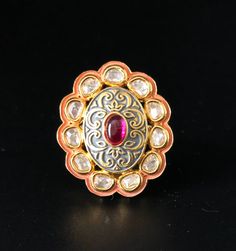 "Meenakari Kundan Sabyasachi Ring/ Rajwadi Bridal Kundan Ring/ Gray Meenakari Kundan Ring/ Cocktail Ring/ Golden Kundan Ring/ Bridal Jewelry Features: 1-Made in Brass with very high quality Kundan Stones in Gray Meenakari 2-Adjustable Ring 3-Available in Gold finish 4- Made with very high quality Kundan Stones 5- Lightweight Jewelry 6- Suitable for any traditional or contemporary occasion 7- Width: 1.25\" 8- Made in Gray Meenakari Facebook: www.facebook.com/shoparyafashions Pinterest: www.pinter Traditional Oval Rings With Intricate Design, Traditional Yellow Gold Ruby Ring For Wedding, Traditional Yellow Gold Ruby Wedding Ring, Elegant Ceremonial Festive Rings, Intricate Design Rings For Ceremonial Festivals, Traditional Rings With Intricate Design For Festivals, Traditional Gold Oval Ruby Ring, Traditional Gold Ruby Ring For Wedding, Traditional Oval Ruby Ring In Gold