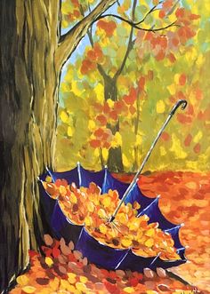 a painting of an umbrella with leaves on the ground next to a tree in autumn