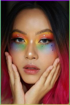 Rainbow Eyeshadow With Rhinestones, Rainbow Eyeshadow Hooded Eyes, Rainbow Looks Makeup, Rainbow Inspired Makeup, Easy Rainbow Eyeshadow, Rainbow Festival Makeup, Pride Rhinestone Makeup, Fun Festival Makeup, Rainbow Tears Makeup