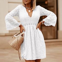 Womens Crochet Lace Mini Dress Flare Long Sleeve V Neck Evening Party Elegant Casual Pleated Short Dress Plus Size Short Dress Plus Size, Pleated Short Dress, Sheer Long Sleeve Dress, Boho Beach Dress, Casual Party Dresses, Flare Long Sleeve, Womens Floral Dress, Elegant Casual, Long Dress Casual