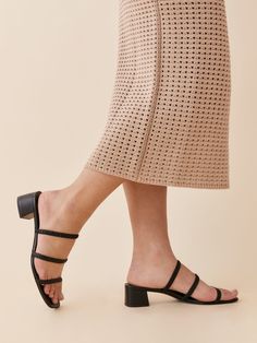 Hot feet. The Assunta is a block heel sandal with three ruched straps and a square toe. Sustainable Shoes, Block Heel Mule, Atlanta Fashion, Strappy Block Heels, Block Sandals, Heeled Mules Sandals, Square Toe Heels, Mule Sandals, Classic Chic