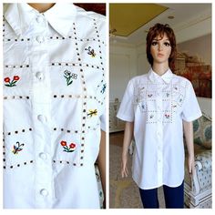 "womens shirt XL Floral embroidered blouse flower embroidery shirt floral shirt White blouse BUTTERFLY print embroidery BUTTERFLY blouse Please refer to photos for details of condition. Condition: very good vintage Measurements : Length: 71 cm/ 27.9\" Sleeve : 24 cm/9.4\" Shoulder to shoulder: 41cm/16.1 \" Bust: 116 cm/45.7\" Waist: 110 cm/43.3\" Tag Size: EUR-44; US-12; UK-18 note The color on the pictures may vary due to monitor settings and light reflections. Ready to ship Please do not hesit Embroidery Butterfly, Embroidery Shirt, Butterfly Blouse, Print Embroidery, Womens Shirt, Shirt Embroidery, Flower Embroidery, White Blouse, Embroidered Blouse