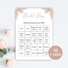 the bridal bingo game is shown with pink flowers and greenery around it on a white background