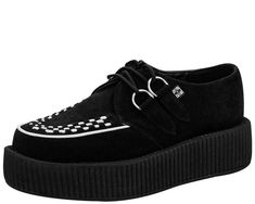 These black suede creepers have contrasting white interlace and feature the new lightweight and more flexible soles in our traditional 1 7/8" Mondo height. These creepers have a white woven interlace, and silver metal D-rings. T.U.K. Creepers are sold and labeled in U.S. men's sizes- please see our size chart or the size drop down list to view U.S. women's size equivalents. Underground Creepers, Creeper Outfit, Suede Creepers, Neo Grunge, Galaxy Converse, Special Shoes, Vegan Heels, Creepers Shoes, More Flexible