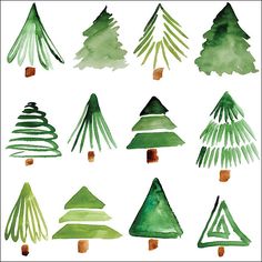 watercolor christmas trees on white paper with green brush strokes and brown tips, all in different shapes and sizes