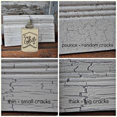 four different pictures showing how to paint old wood with white paint and black chalk on it